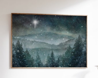 Winter Wall Art Print, Snowy Pine Woods Mountain Painting, North or Bethlehem Star, Christmas Season Décor