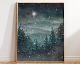 Impresión de invierno de pinos, pintura de bosques de montañas nevadas, arte navideño de la estrella del norte o de Belén
