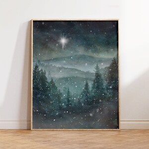 Pine Trees Winter Print, Snowy Mountain Woods Painting, North or Bethlehem Star Christmas Art