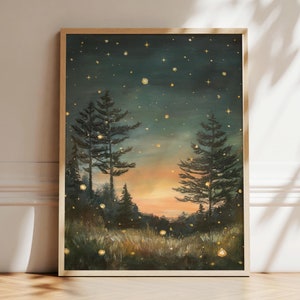 Night sky painting. Stars and fireflies. Summer camping artwork. Northwoods pine tree oil painting