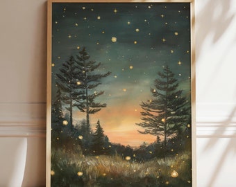 Starry Night Sky Painting, Whimsical Firefly Field Print, Summer Artwork, Northwoods Pines, Camping Art