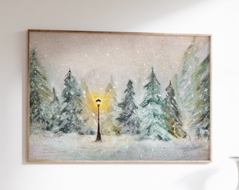Narnia Lamppost, C.S. Lewis Print, Snow Pine Trees, Winter Wall Art, Chronicles of, Vintage Christmas Holiday, Lion Witch Wardrobe Artwork,