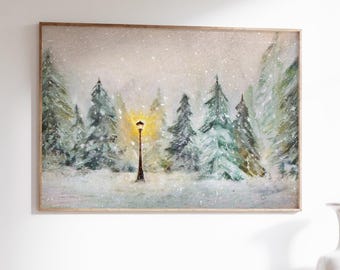 Narnia Lamppost, C.S. Lewis Print, Snow Pine Trees, Winter Wall Art, Chronicles of, Vintage Christmas Holiday, Lion Witch Wardrobe Artwork,
