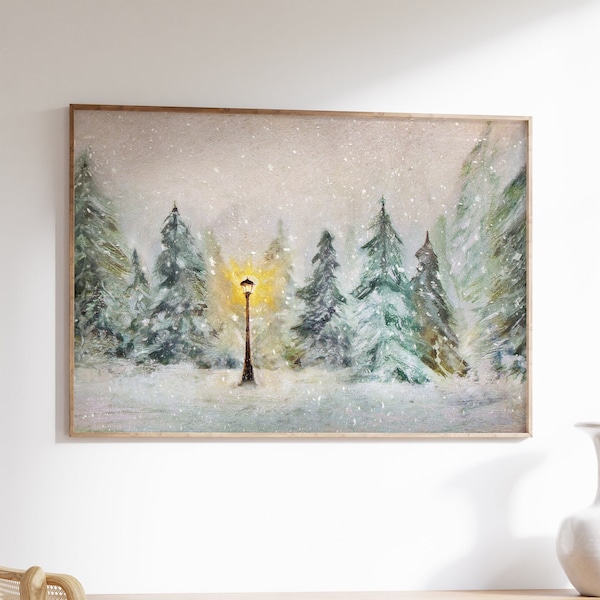 Narnia Lamppost, C.S. Lewis Print, Snow Pine Trees, Winter Wall Art, Chronicles of, Vintage Christmas Holiday, Lion Witch Wardrobe Artwork,