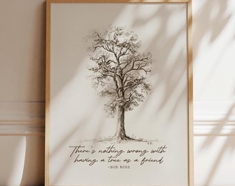 Bob Ross Quote Print: Oak Tree Charcoal Drawing, Naturalist Wall Art