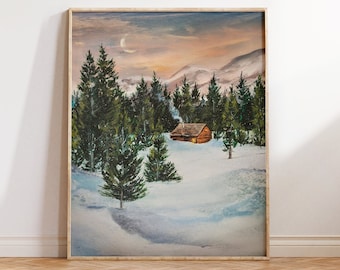 Winter Wall Art, Vintage Painting Cabin in the Mountains, Wintery Pine Woods Landscape Décor, Colorado or Cascades Mountain,