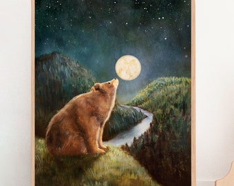 Bear and Moon Art Print: Woodland Nursery Decor