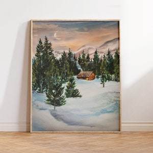 Winter Wall Art, Vintage Painting Cabin in the Mountains, Wintery Pine Woods Landscape Décor, Colorado or Cascades Mountain,