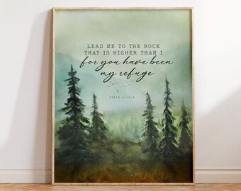Scripture Print, Christian Wall Art, Lead me to the Rock For You Have Been My Refuge, Psalm 62, Bible Verse Watercolor Gift