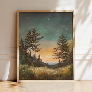 pacific northwest painting. pine trees and ocean at sunset. starry night sky. camping artwork. Michigan wall art print