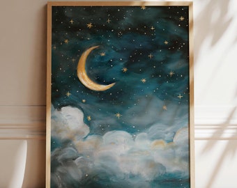 May include: A framed wall art print featuring a dark teal night sky filled with numerous small gold stars and a prominent gold crescent moon. Below the celestial scene, soft, voluminous white and gray clouds fill the lower portion.