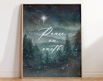 Winter Peace on Earth Print, Snowy Pine Woods Mountain Painting, North or Bethlehem Star, Christmas Wall Art