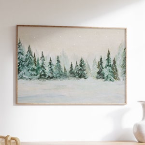 Winter Wall Art Print, Snowy Pine Woods Painting,  Snow on Trees, Rustic Evergreen Minimal Artwork