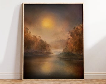 Moody Vintage Autumn Print Artwork, Harvest Full Moon Wall Art, Misty October Night Sky Painting, Fall Artwork