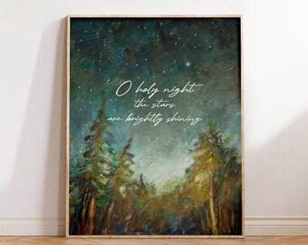 Christmas Pine Tree Art Print, O Holy Night the Stars are Brightly Shining Song