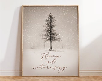 Joy to the World Christmas Print, Pine Tree Pencil Drawing, Simple Minimal Winter Wall Art