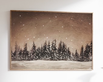 Vintage Pine Tree Art, Pines in the Snow Artwork, Neutral Winter Print, Starry Sky