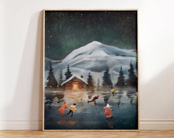 Ice Skating Print, Winter Wall Art, Snowy Starry Night in the Mountains Painting, Cozy Wintery Landscape