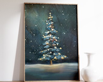 Descarga digital de obras de arte navideñas, árbol de Navidad nevado con pintura de luces, arte de pino