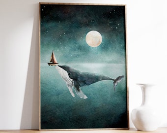 Whale Watercolor Nursery Print, Humpback and Sailboat Ocean Themed Child's Room Wall Art, Whimsical Whales At Sea Painting