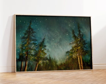 Moody Forest Painting, Starry Night Pines Art Print