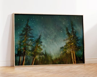 Impression d'art bois, oeuvre d'art de mauvaise humeur forêt et étoiles, pins sous le ciel étoilé