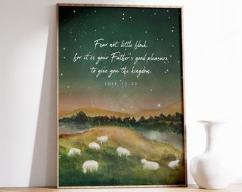 Scripture Nursery Print Gift, Luke 12:32, Flock of Sheep Watercolor Art, Bible Verse Painting, Fear not, little flock