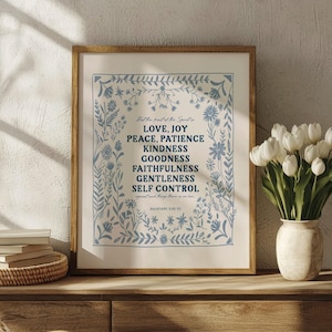 Fruit of the Spirit Art Print, Love Joy Peace Scripture Gift, Galatians 5:22 Artwork, , Bible Verse, Christian Art, Blue and Cream