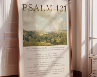 Psalm 121 Wall Art Print, Vintage Painting, Scripture Home Décor, I Lift My Eyes to the Hills
