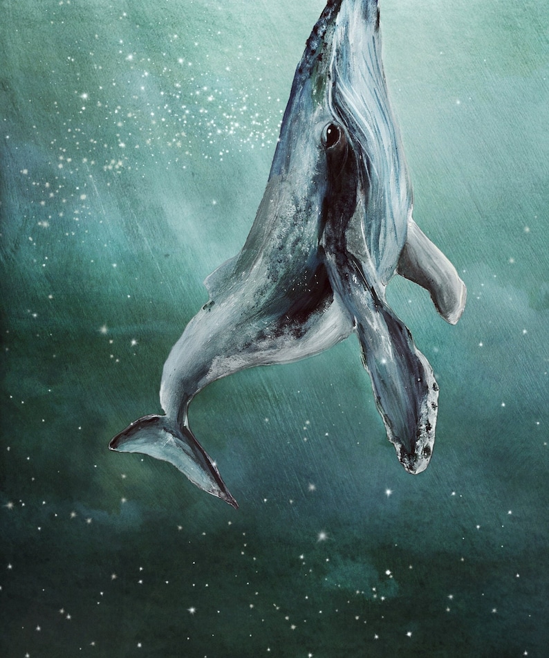 Pu&ograve; includere: Un dipinto ad acquerello di una megattera che nuota verso l'alto in un oceano blu scuro con macchie bianche. La balena &egrave; rivolta verso lo spettatore con la bocca aperta.