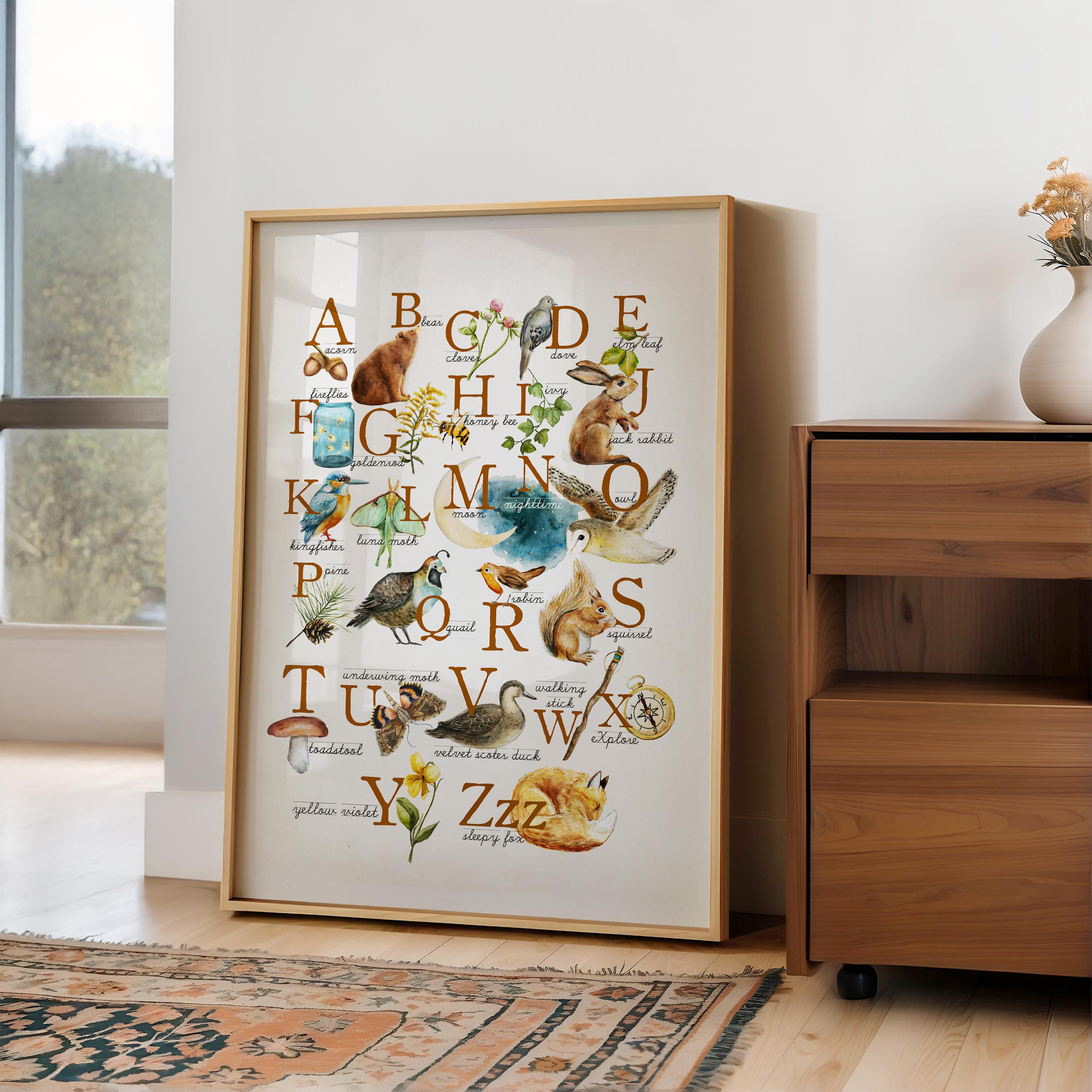 Woodland ABC Print, Forest Animals Alphabet Poster, Explore Nature