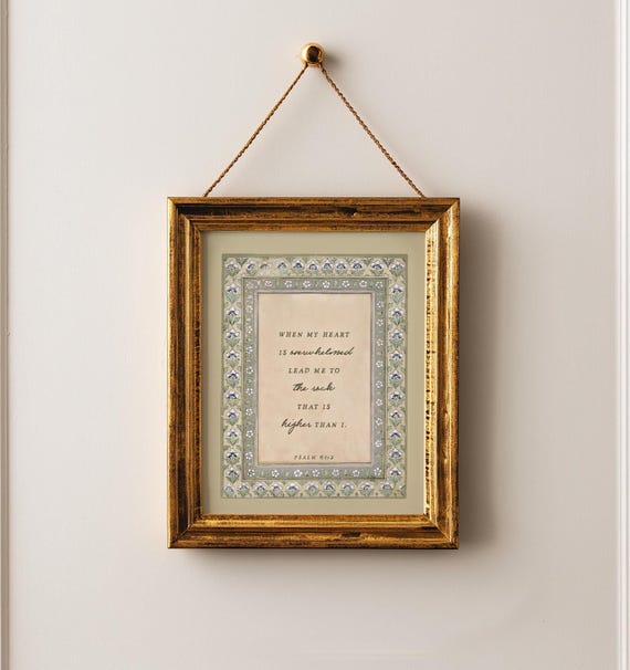 Psalm 61:2 Scripture, Vintage Art Print, When Heart Overwhelmed, Lead Me to the Rock