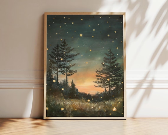 Starry Night Sky Painting, Whimsical Firefly Field Print, Summer Artwork, Northwoods Pines, Camping Art