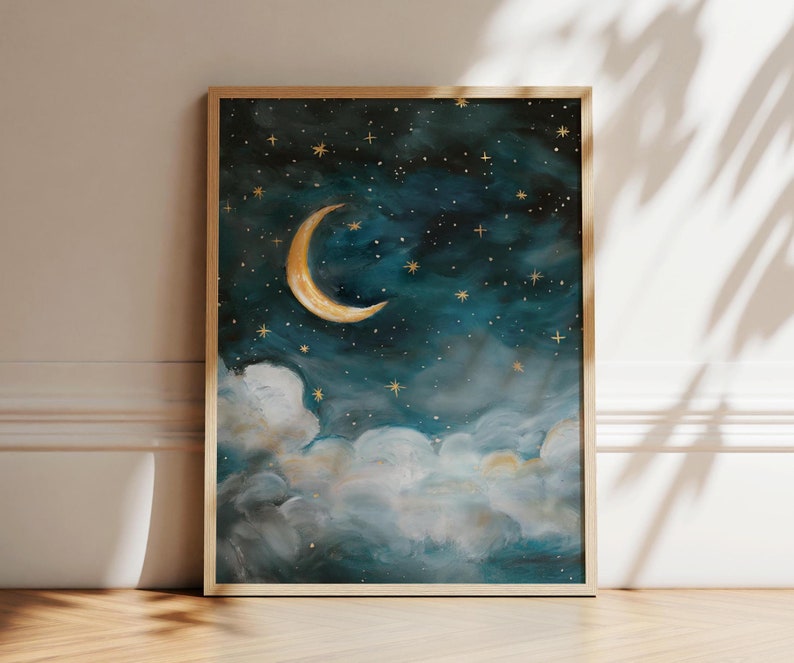 moon and stars oil painting. Night sky artwork for nursery