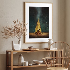 Campfire Wall Art Print, Forest Camping Painting, Tent Artwork, Cozy Woods with a Blazing Fire Under the Stars, Vintage Style Winter Décor image 5