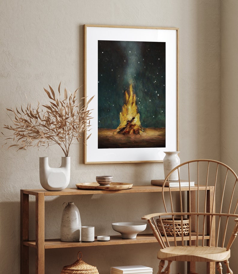 Campfire Wall Art Print, Forest Camping Painting, Tent Artwork, Cozy Woods with a Blazing Fire Under the Stars, Vintage Style Winter Décor image 5