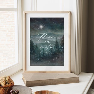 Winter Peace on Earth Print, Snowy Pine Woods Mountain Painting, North or Bethlehem Star, Christmas Wall Art image 2