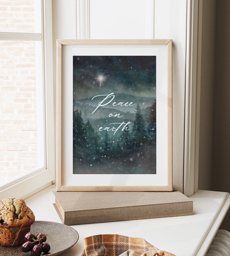 Winter Peace on Earth Print, Snowy Pine Woods Mountain Painting, North or Bethlehem Star, Christmas Wall Art image 2