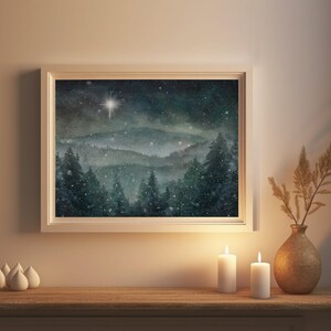 Winter Wall Art Print, Snowy Pine Woods Mountain Painting, North or Bethlehem Star, Christmas Season Décor image 7