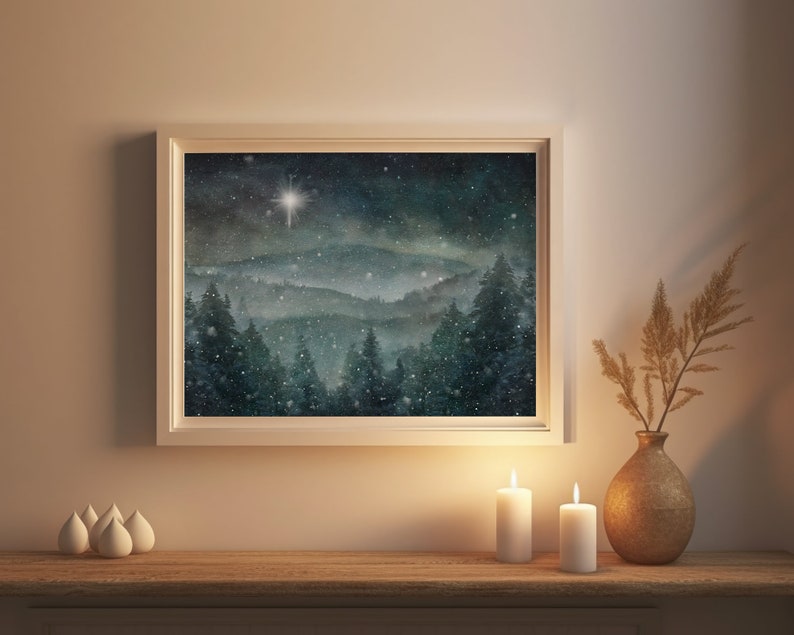 Winter Wall Art Print, Snowy Pine Woods Mountain Painting, North or Bethlehem Star, Christmas Season Décor image 7