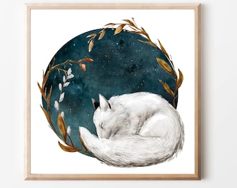 Arctic Fox - Cute Fox Nursery Art, Sleeping Arctic Fox Illustration, Snow Fox Watercolor, Woodland Animals Nursery Art