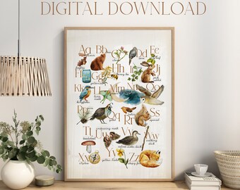 Woodland Alphabet Printable -  Forest Animals ABC Digital Download, Homeschool ABC Chart, Nursery Alphabet Art