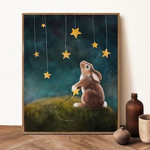 Bunny Nursery Print, Rabbit Under a Starry Night Sky Wall Art, Woodland Animal Artwork, Forest Theme Nursery