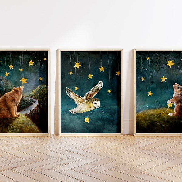 Woodland Animal Nursery Print Set of 3,  Boy or Girl Nursery Art, Forest Animals Hanging Stars, Owl, Bear, Bunny,