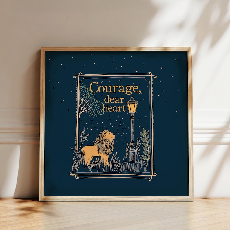 Print of Aslan the lion of C.S. Lewis' Narnia standing near a glowing lamppost at night with the words “Courage dear heart.