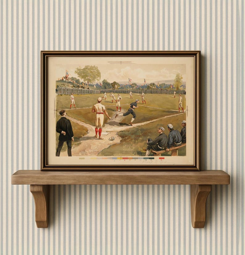 Vintage baseball art print featuring a classic retro-style baseball player illustration, perfect wall décor for man cave, boys’ bedroom, or sports enthusiast.