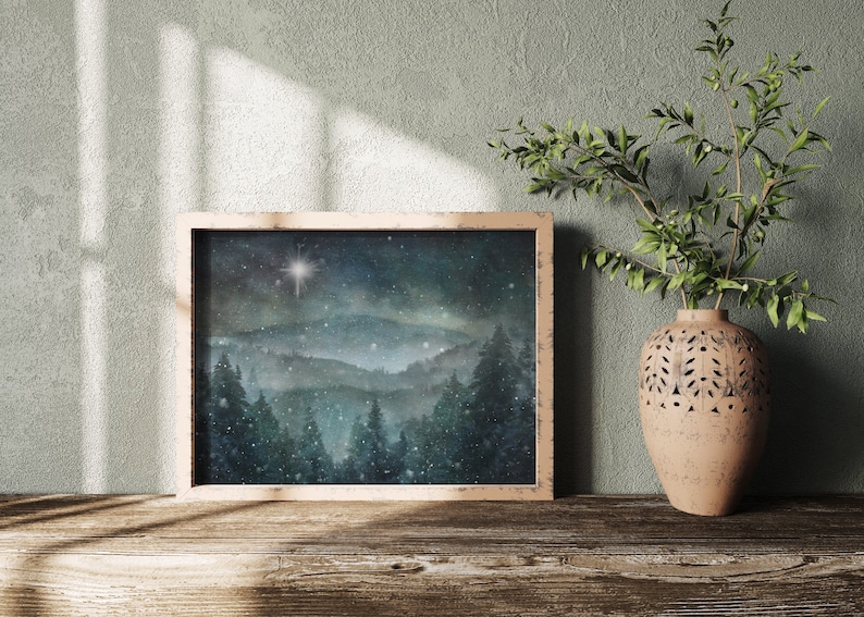 Winter Wall Art Print, Snowy Pine Woods Mountain Painting, North or Bethlehem Star, Christmas Season Décor image 6