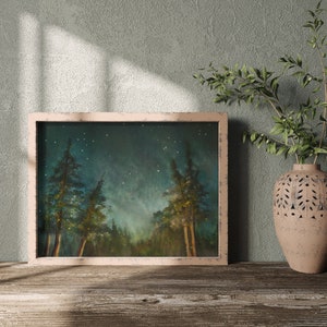 Woods Art Print, Moody Forest and Stars Artwork, Pine Trees Under the Starry Night Sky Painting image 2