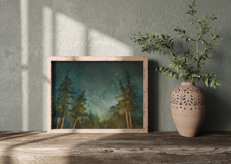 Woods Art Print, Moody Forest and Stars Artwork, Pine Trees Under the Starry Night Sky Painting image 2