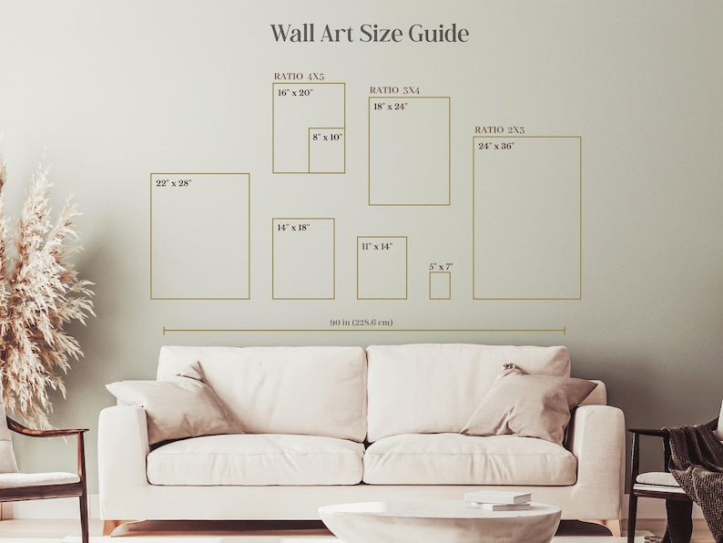 May include: Wall art size guide with dimensions in inches, including 16" x 20", 18" x 24", 24" x 36", and others. The guide is displayed above a sofa, with the text "Wall Art Size Guide". The total width is 90 inches.